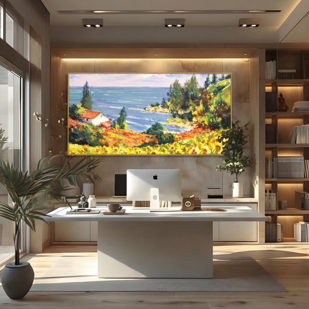 Tablou canvas cu pictura camp cu floarea soarelui si mare, in rama de aluminiu auriu, pe perete intr-un birou